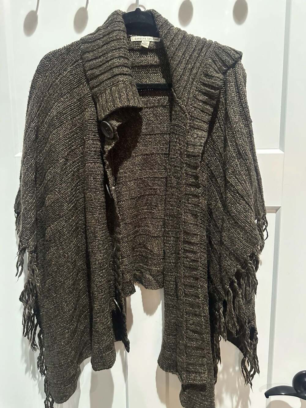 Carolyn Taylor Poncho OSF Brown Fringe Knit Wrap Cardigan